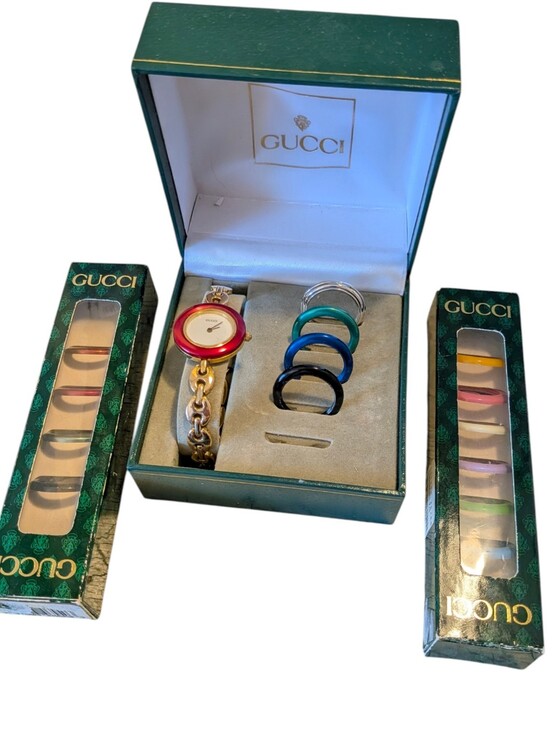 Gucci Accessories - Gucci Women's Gold Bracelet Watch with Interchangeable Bezels Vintage Works